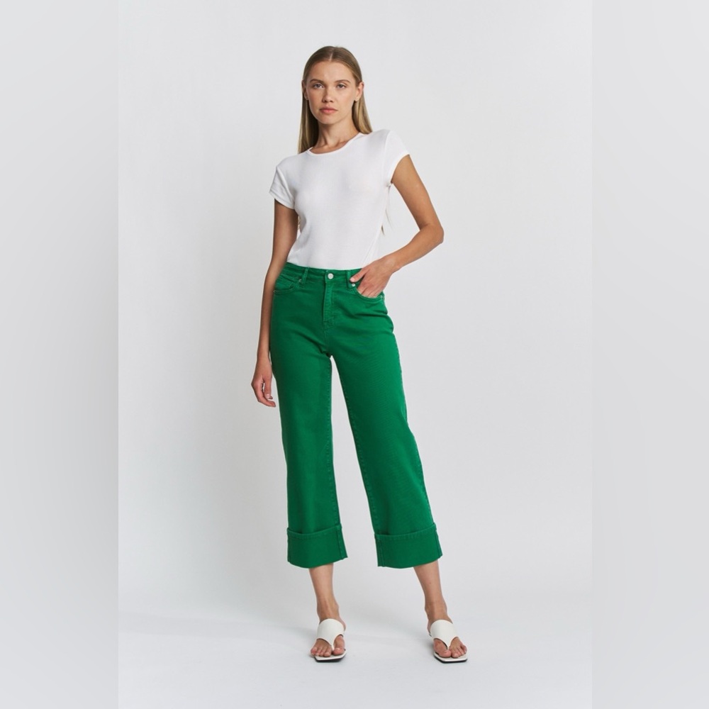 Wide Leg High Rise Tummy Tuck Cropped Cuffed Jeans - Mica